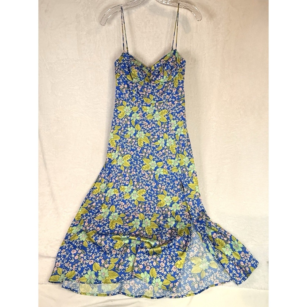 ASTR‎ Florianne Floral Satin Midi Dress Blue Bustier Strap NWT Small